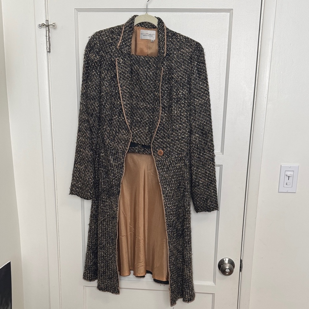 Chic Black and Tan Tweed Trench Coat and Skirt